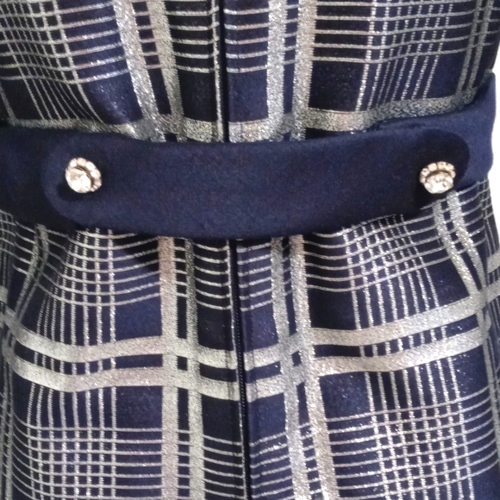 💙VTG 1960s Oscar de la Renta💙 - Navy Silk & Silver Metallic Plaid Mod Dress - Picture 7 of 16